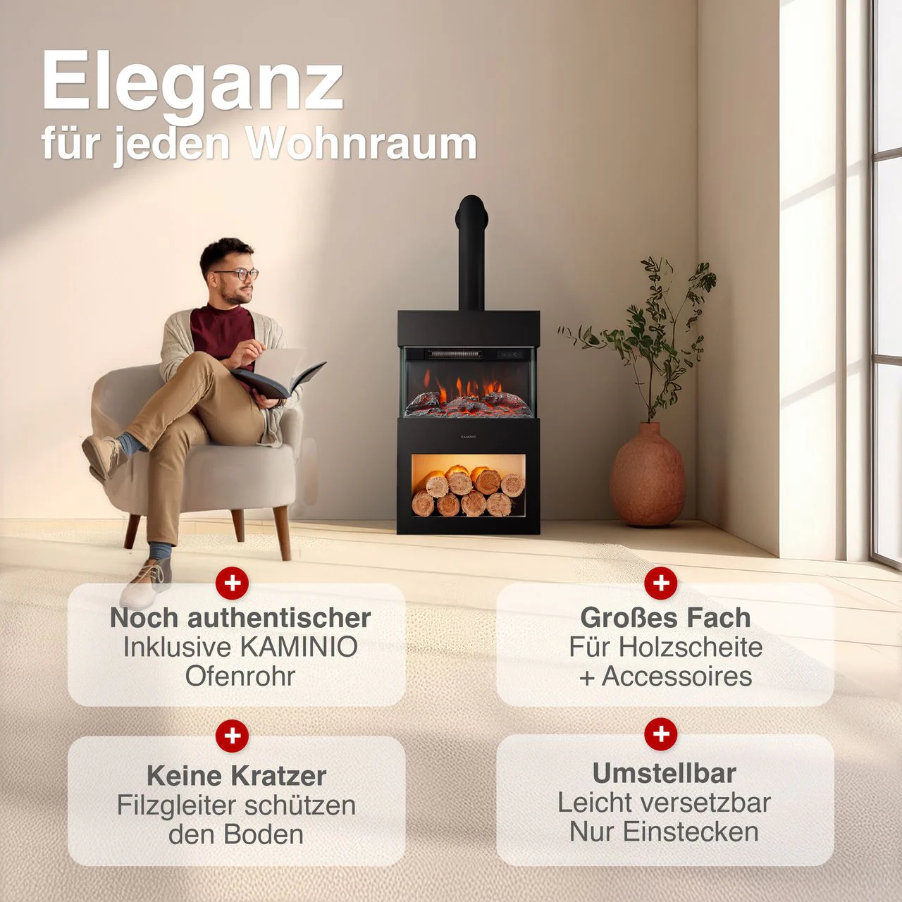 Kaminio Elektrokamin Henri Kaminofen Heizung 3D-Flammeneffekt Rohr Schwarz