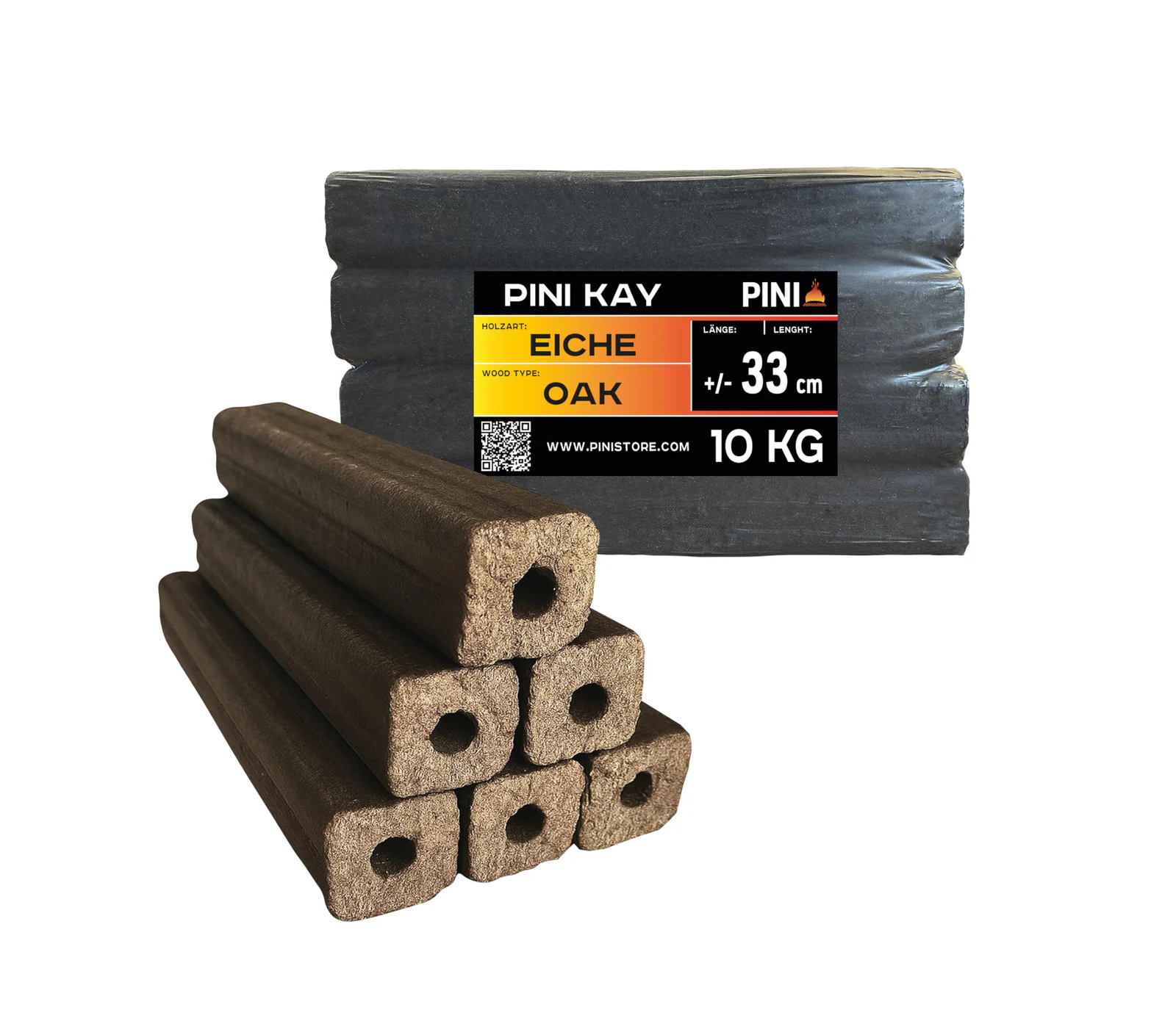Pini Kay Hartholzbriketts Eiche mit Zugloch 10kgx32 Pack/Kiste